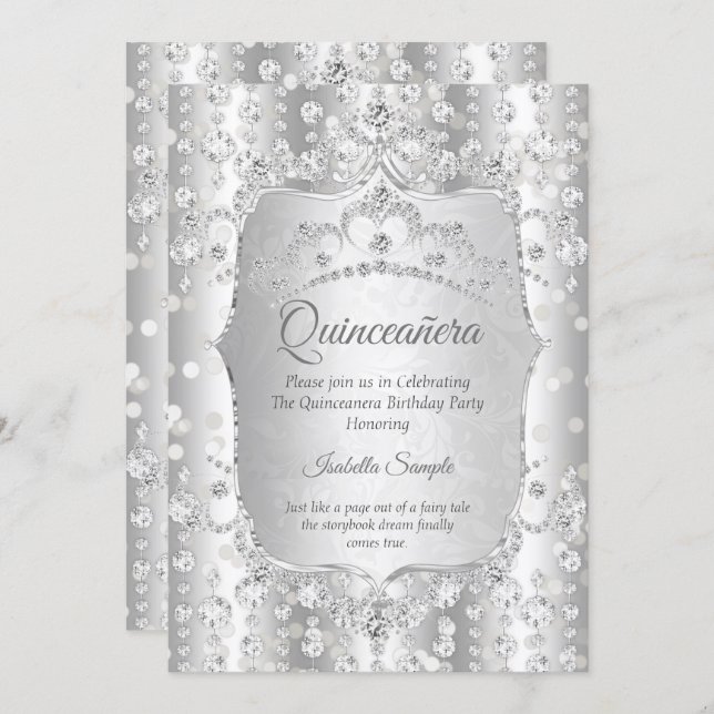 Princess Quinceanera diamond silver white tiara Invitation (Front/Back)