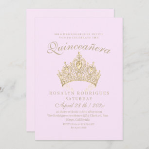 Princess Quinceañera Elegant Gold Crown Pink Invitation