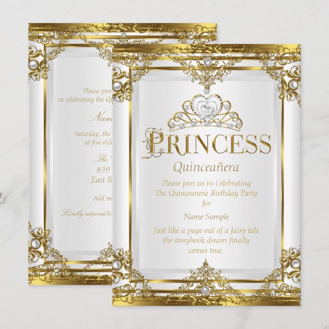 Princess Quinceanera Elegant Gold White Pearl 2 Invitation (Front/Back)