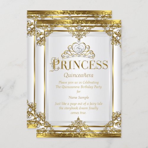 Princess Quinceanera Elegant Gold White Pearl 2 Invitation