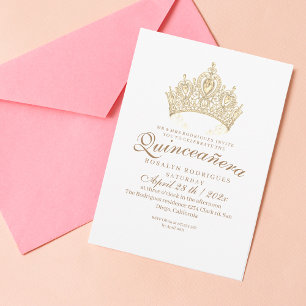 Princess Quinceañera Elegant White Gold Crown Invitation