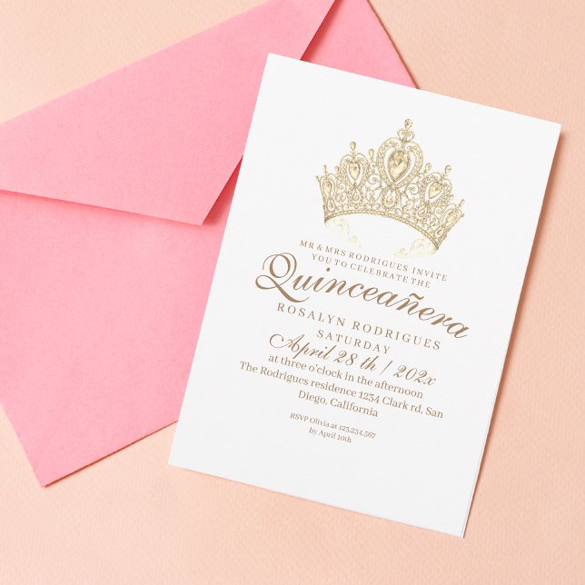 Princess Quinceañera Elegant White Gold Crown Invitation (Creator Uploaded)