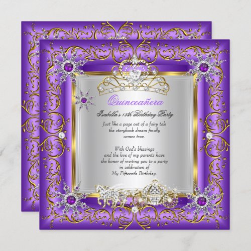 Princess Quinceanera Elite Birthday Gold Purple Invitation