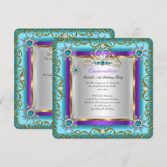 Princess Quinceanera Elite Gold Silver Teal Purple Invitation (Front/Back)