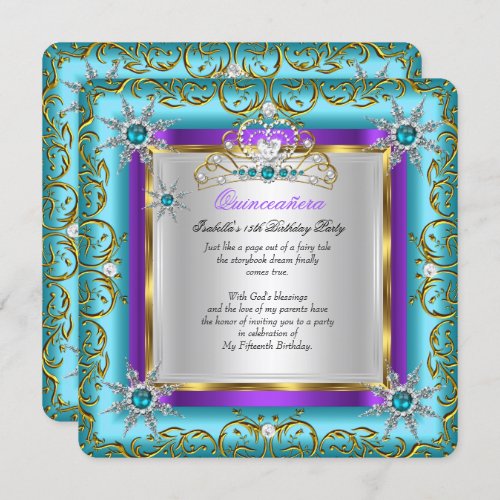 Princess Quinceanera Elite Gold Silver Teal Purple Invitation