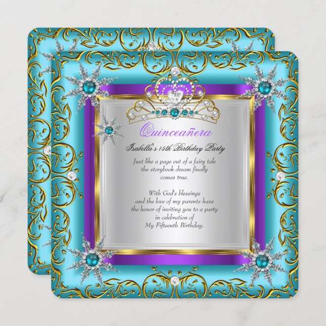 Princess Quinceanera Elite Gold Silver Teal Purple Invitation (Front/Back)