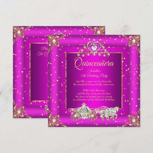 Princess Quinceanera Elite Magenta Gold Sparkle Invitation (Front/Back)