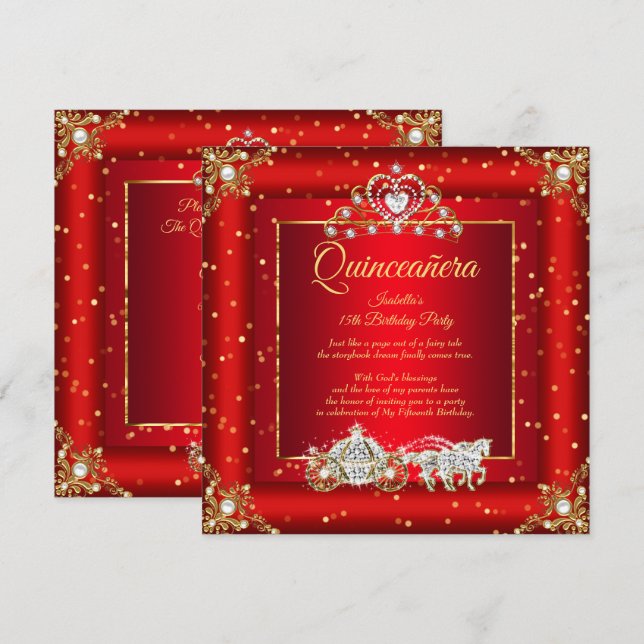 Princess Quinceanera Elite Regal Red Gold Sparkle Invitation (Front/Back)