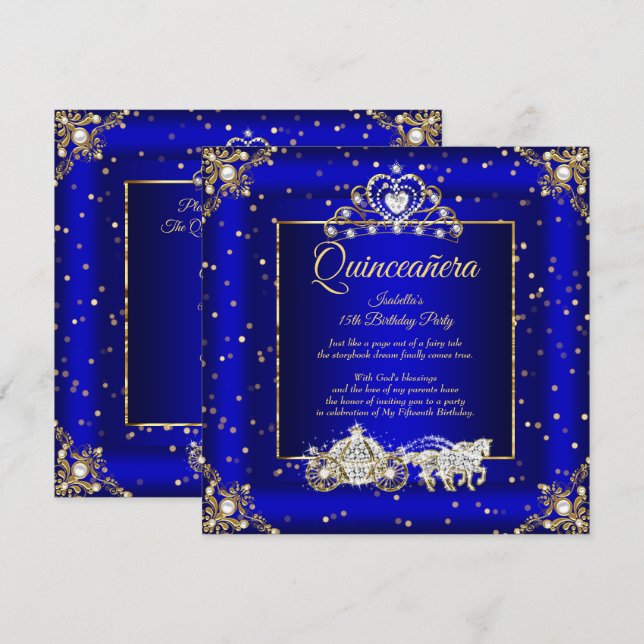 Princess Quinceanera Elite Royal Blue Gold Sparkle Invitation (Front/Back)