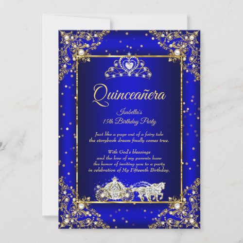 Princess Quinceanera Elite Royal Blue Gold Sparkle Invitation