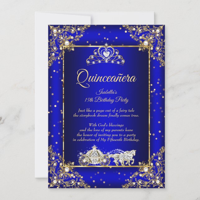 Princess Quinceanera Elite Royal Blue Gold Sparkle Invitation (Front)