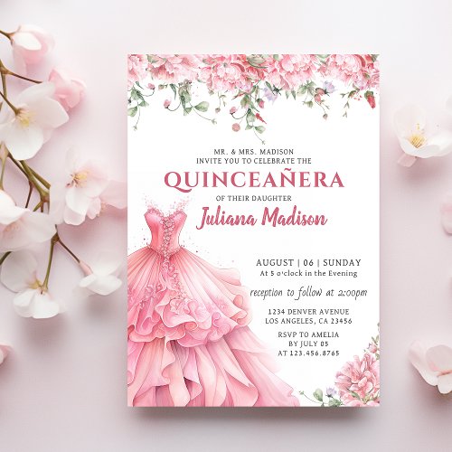 Princess Quinceaera Flowers Pink Birthday Invitation