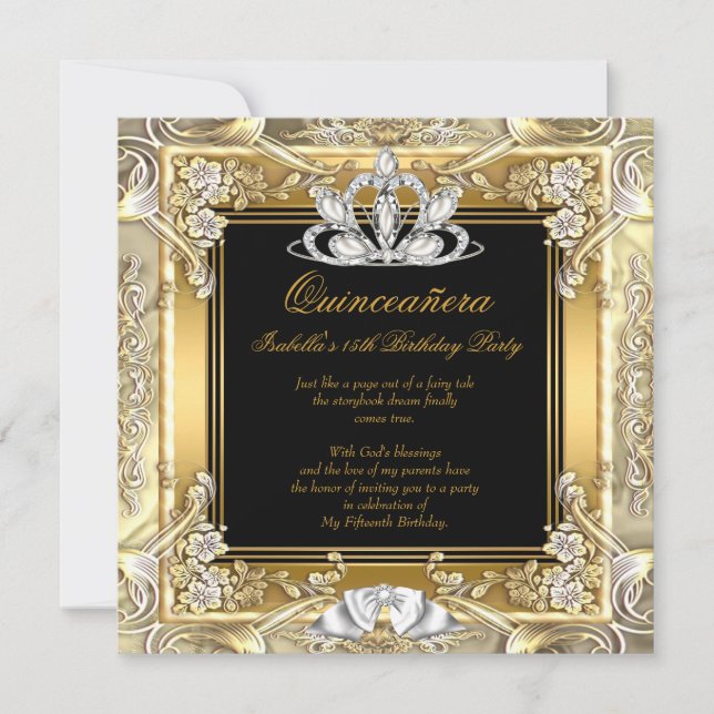 Princess Quinceanera Gold Black Silver Birthday Invitation (Front)