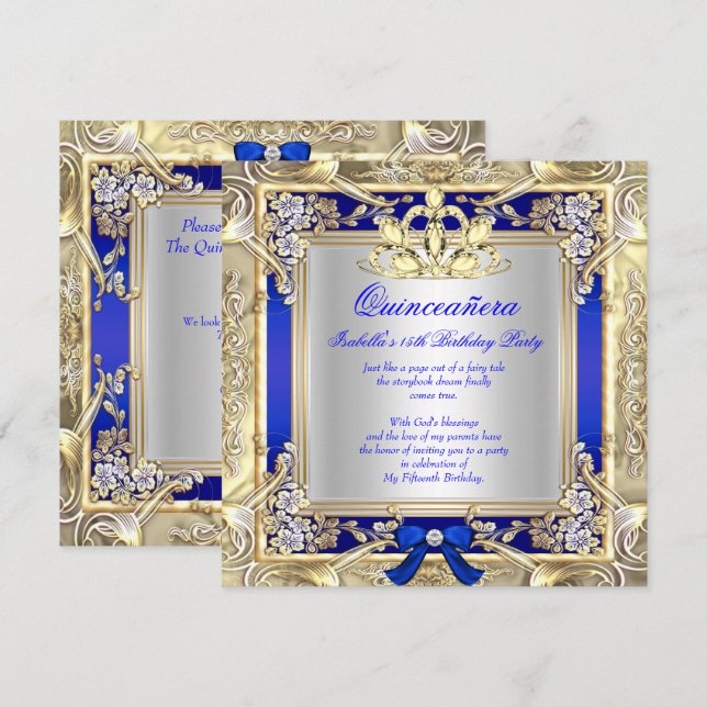 Princess Quinceanera Gold Royal Blue Silver 2 Invitation (Front/Back)