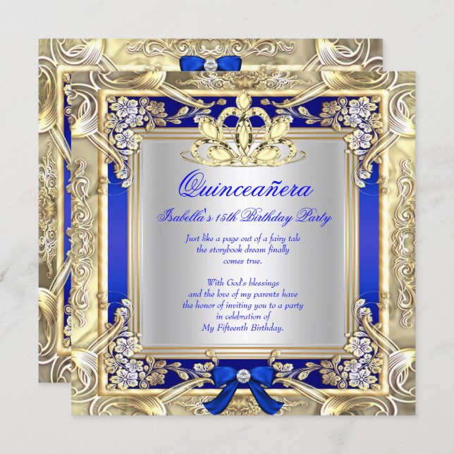 Princess Quinceanera Gold Royal Blue Silver 2 Invitation (Front/Back)