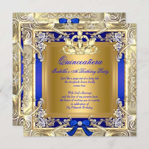 Princess Quinceanera Gold Royal Blue Silver Party Invitation