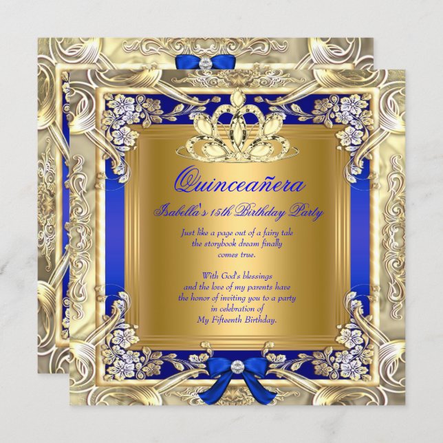 Princess Quinceanera Gold Royal Blue Silver Party Invitation (Front/Back)