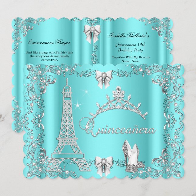 Princess Quinceanera Magical Teal Blue Silver heel Invitation (Front/Back)