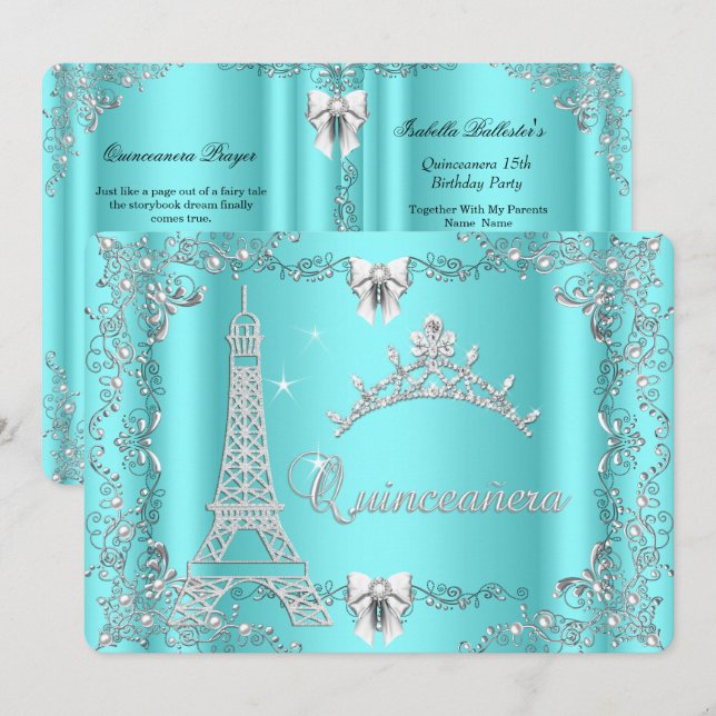 Princess Quinceanera Magical Teal Blue Silver Invitation (Front/Back)