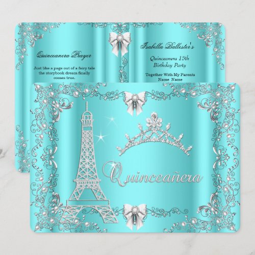 Princess Quinceanera Magical Teal Blue Silver Custom Invitations