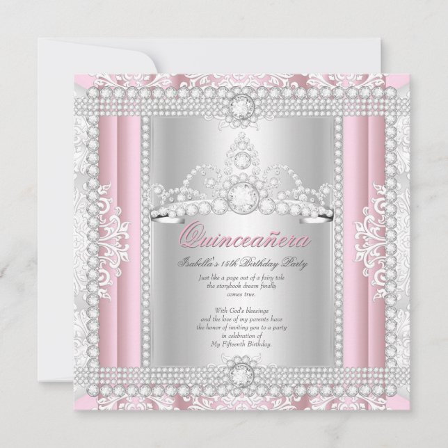 Princess Quinceanera Party Diamond Pink Tiara Invitation (Front)