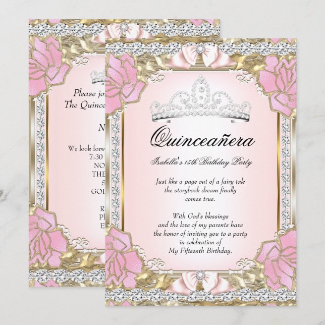 Princess Quinceanera Pink Gold 15th Birthday Invitation (Front/Back)