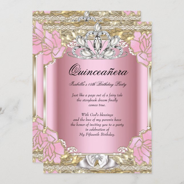 Princess Quinceanera Pink Gold 15th Birthday Party Invitation (Front/Back)