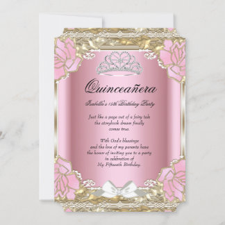 Princess Quinceanera Pink Gold 15th Birthday Tiara Invitation
