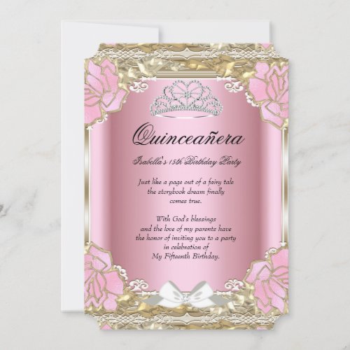 Princess Quinceanera Pink Gold 15th Birthday Tiara Invitation