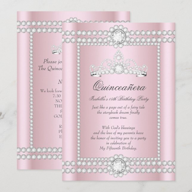 Princess Quinceanera Pink Silver Diamond Tiara Invitation (Front/Back)