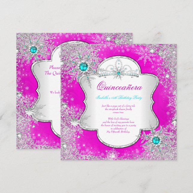 Princess Quinceanera Pink Teal Winter Wonderland Invitation (Front/Back)