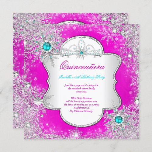 Princess Quinceanera Pink Teal Winter Wonderland Invitation