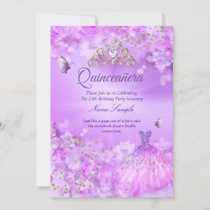 Princess Quinceanera purple pink floral dress Invitation
