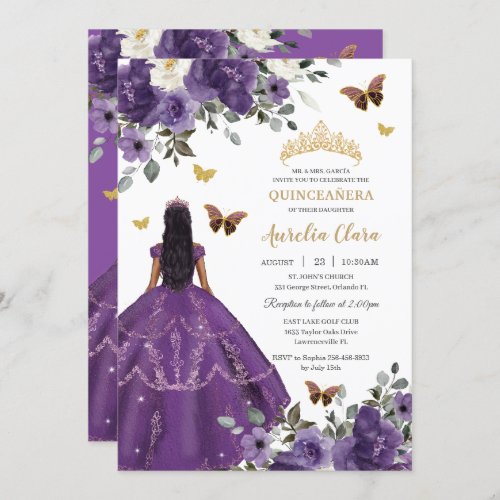 Princess Quinceaera Purple Roses Dress Gold Invitation