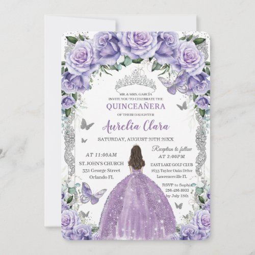 Princess Quinceaera Purple Roses Floral Silver Invitation