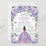 Princess Quinceañera Purple Roses Floral Silver Invitation