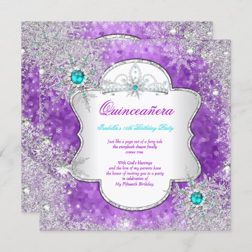Princess Quinceanera Purple Teal Winter Wonderland Invitation