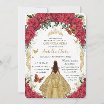 Princess Quinceañera Red Roses Floral Gold Dress Invitation | Zazzle