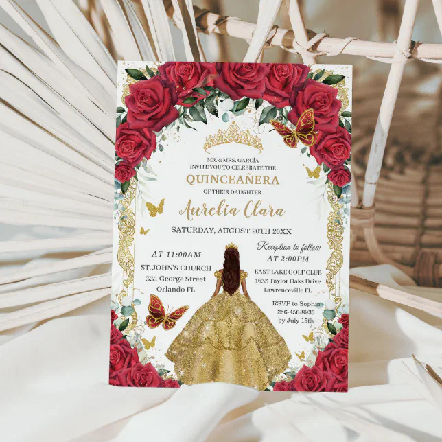 Princess Quinceañera Red Roses Floral Gold Dress Invitation Zazzle