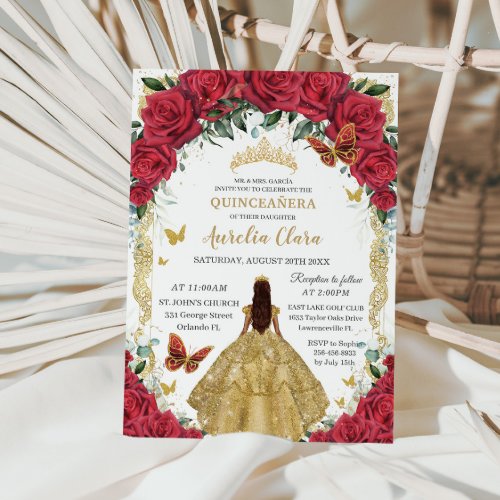 Princess Quinceaera Red Roses Floral Gold Dress Invitation