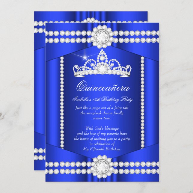 Princess Quinceanera Royal Blue Diamond Tiara Invitation (Front/Back)