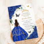 Princess Quinceañera Royal Blue Roses Dress Gold Invitation<br><div class="desc">Personalize this lovely quinceañera invitation with own wording easily and quickly,  simply press the customize it button to further re-arrange and format the style and placement of the text.  Matching items available in store!  (c) The Happy Cat Studio</div>