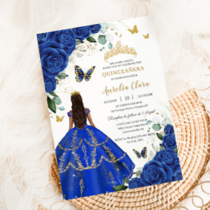 Princess Quinceañera Royal Blue Roses Dress Gold Invitation
