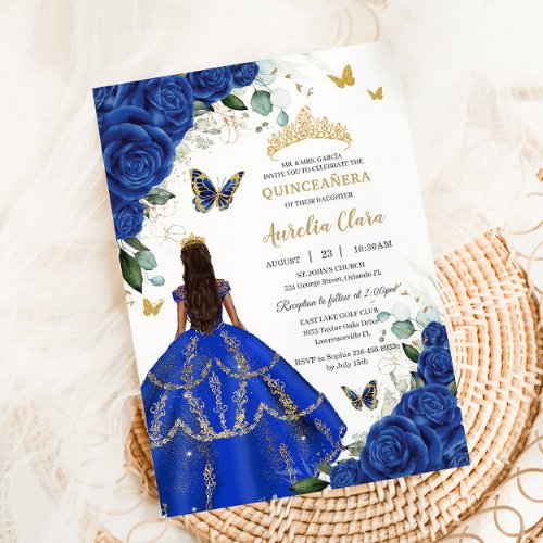 Princess Quinceaera Royal Blue Roses Dress Gold Invitation