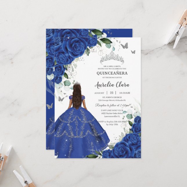 Princess Quinceañera Royal Blue Roses Silver Dress Invitation