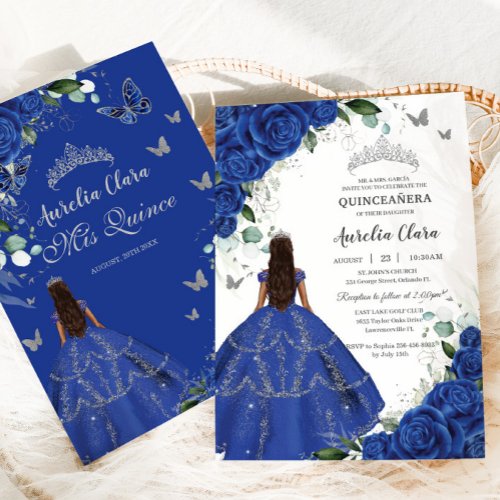 Princess Quinceaera Royal Blue Roses Silver Dress Invitation