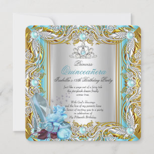 Princess Quinceanera Silver Blue Teal Rose Gold Invitation
