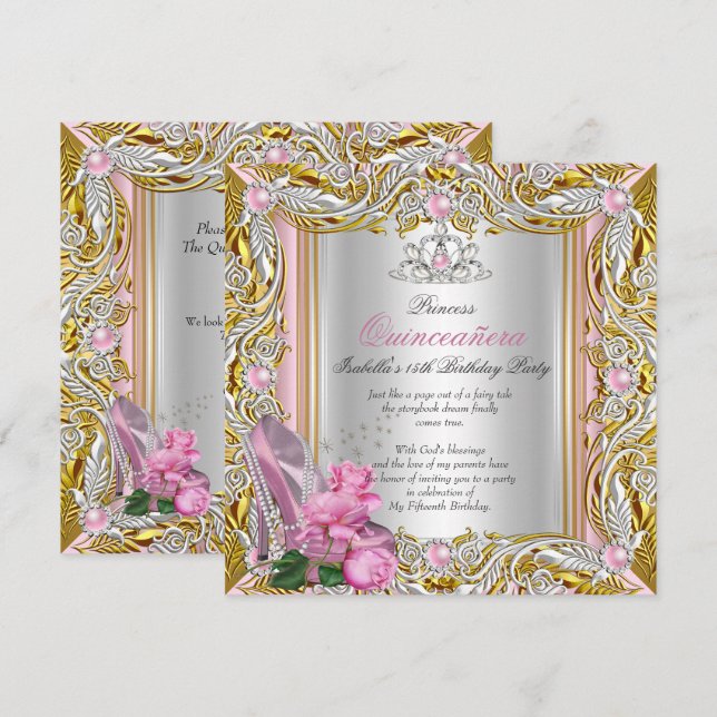 Princess Quinceanera Silver Pink Rose Gold Invitation (Front/Back)