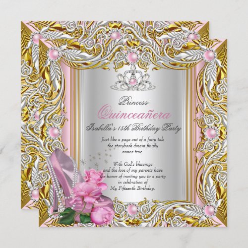 Princess Quinceanera Silver Pink Rose Gold Invitation