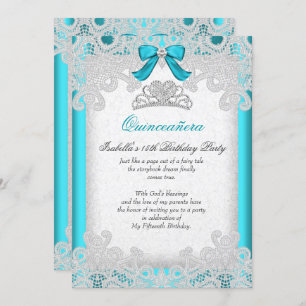 Princess Quinceanera Teal Blue Lace Invitation